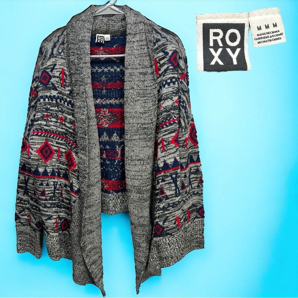 Gray/Blue/& Red ROXY Acrylic Southwestern Design Draped Cardigan Size Medium